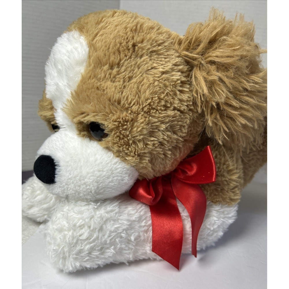 Spaniel‎ Puppy Dog Plush Stuffed Animal Brown White Red Bow Laying Down Preowned